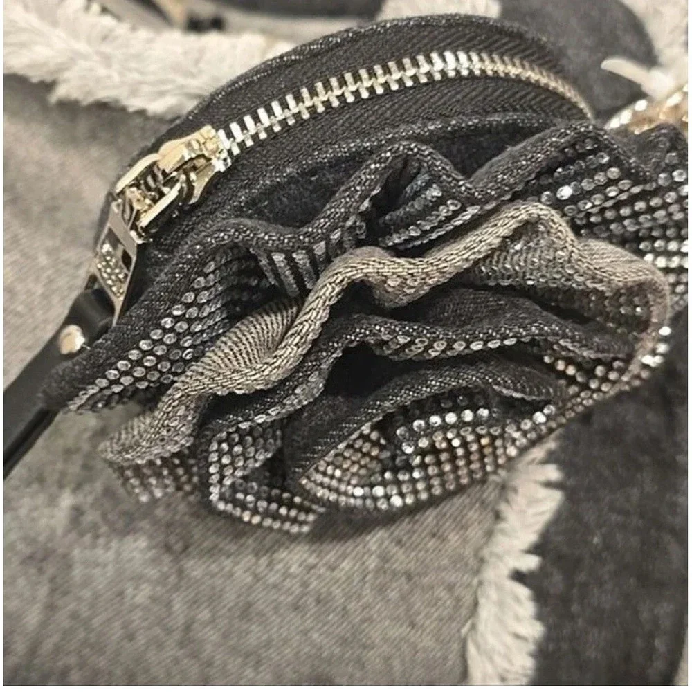 Steve Madden BBecki Distressed‎ Denim Tote Bag w/Flower Coin Wa& Wristlet